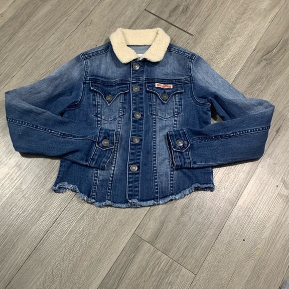 Hudson Fray Hem Sherpa Collar Medium Wash Stretch Denim Jacket Girls size M - Picture 1 of 10